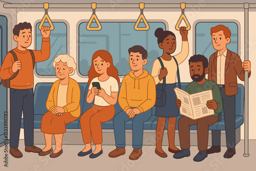 Vector illustration of people in subway. Diverse passengers commuting inside train. Group of men, women, and senior citizens on public transport. Urban city life cartoon scene.