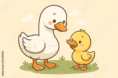 Cute cartoon mother goose with her little baby duckling. Adorable duck and gosling family illustration. Farm animal characters for kids. Sweet parent and child vector graphic.