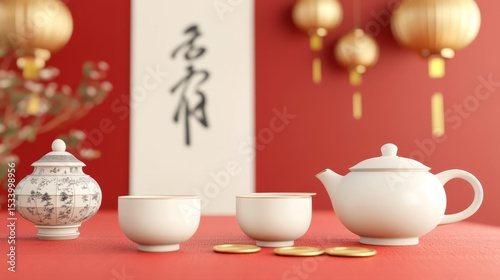 Wallpaper Mural Ceramic tea set display on vibrant red cloth, adorned with lanterns, golden coins, and an elegant calligraphy scroll backdrop Torontodigital.ca