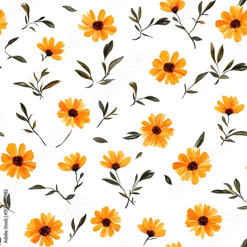 Delicate floral pattern of orange flowers and leaves on a white background.
