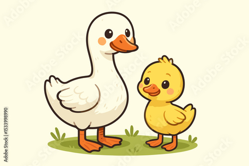 Cute cartoon goose and duckling friends standing on grass. Adorable kawaii vector illustration of a mother goose and baby duck. Farm animal bird family characters for kids.