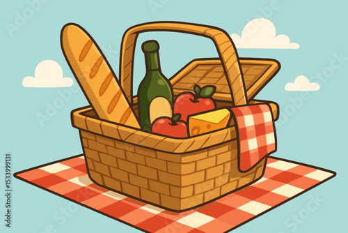 Picnic basket with food and wine for a summer lunch outdoor. Vector illustration of a wicker basket with baguette, cheese, and apples on a gingham blanket under a blue sky.