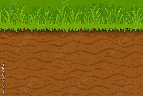 Seamless cartoon ground cross-section with green grass and underground soil layers. Dirt texture pattern for video game background, nature or farming. Vector illustration asset.