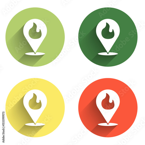 Set Map pointer with fire flame icon isolated with long shadow background. Fire nearby. Color circle button. Vector