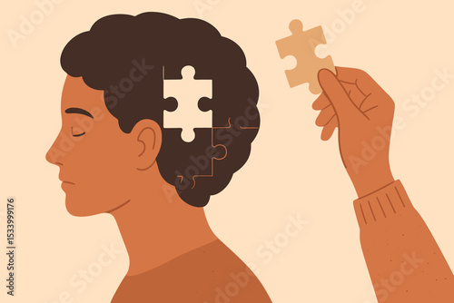Mental health metaphor with puzzle piece in head. Psychology therapy, counseling for mind treatment. Hand puts jigsaw into brain silhouette for healing and personal growth concept.