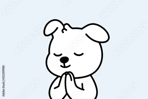 Cute cartoon dog praying, with paws together in a gesture of hope and faith. Adorable puppy character begging or wishing. Concept of gratitude and belief. Minimalist line art.
