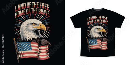 Patriotic Bald Eagle with American Flag and Fireworks – Land of the Free, Home of the Brave T-Shirt Design
