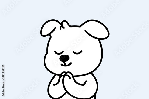 Cute cartoon dog praying. Character illustration of a puppy making a wish. Concept for hope, faith, spirituality and gratitude. Minimalist black and white line art vector icon.