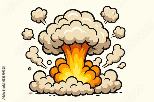 Cartoon explosion effect. Comic book style fiery blast with smoke cloud. Atomic bomb mushroom cloud illustration. Pop art vector graphic for dynamic sound effect. Bang, boom design.