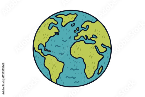 Doodle Earth globe vector illustration. Hand-drawn cartoon planet Earth icon. World map sketch for ecology, environment, travel, and conservation concepts. Global symbol isolated.