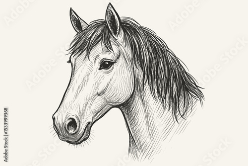 Horse head sketch. Realistic hand drawn animal portrait. Vector illustration in black and white. Engraving style equestrian art. Farm animal, stallion graphic for design element.