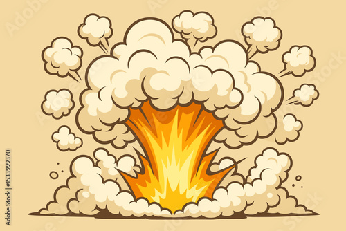 Cartoon explosion in retro comic book style. Vector illustration of a big bang, bomb blast or boom effect. Dynamic fire burst with puffy smoke clouds. Pop art graphic element.
