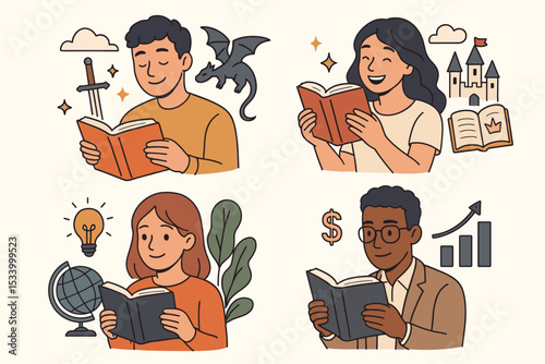 Readers book concept set. Diverse people reading for imagination, knowledge and success. Fantasy with dragon, fairytale, education with lightbulb, and business finance. Vector illustration.
