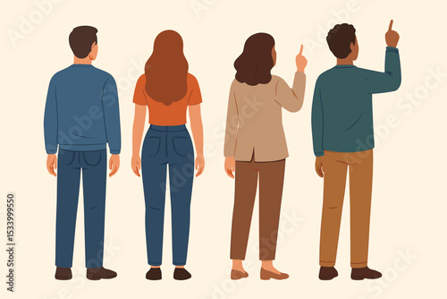 Group of diverse people standing from the back. Rear view of men and women looking and pointing up. Concept of team, future, direction, goal. Multicultural characters vector set.
