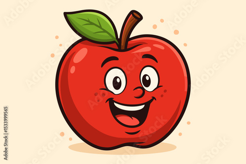 Red apple cartoon character mascot. Cute smiling fruit with a happy face. Concept healthy eating. Fresh organic food. Vector illustration for kids. Joyful, friendly fruit icon. Vintage style.