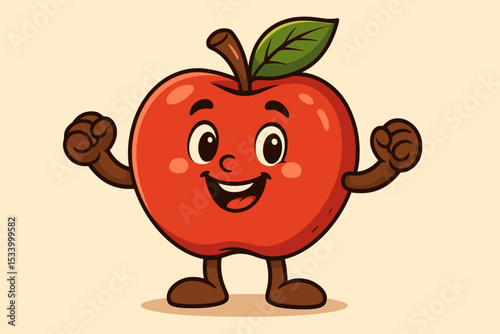 Happy cartoon apple character flexing its muscles. Strong fruit mascot concept for healthy eating and nutrition. Cute vintage retro vector illustration for kids and education.