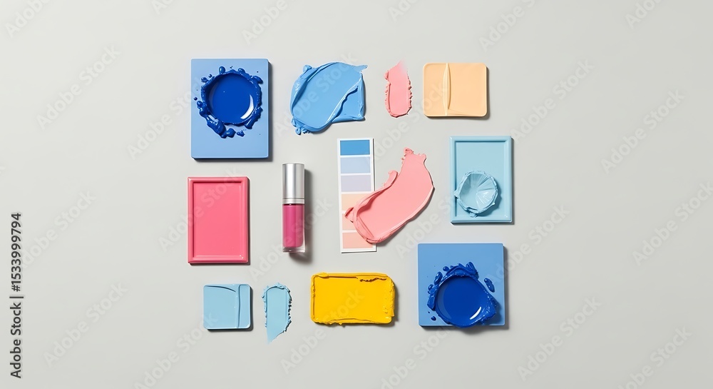 Obraz premium Colorful Makeup Swatches and Color Palette on Grey Surface