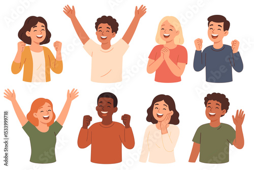 Happy people vector illustration set. Diverse group of joyful characters celebrating success. Men and women cheering, laughing, and expressing positive emotions. Excited faces collection.
