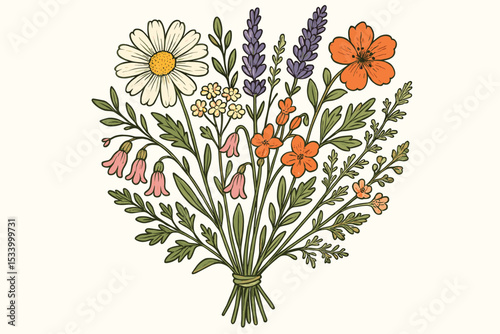 Vintage wildflower bouquet vector illustration. Hand-drawn botanical art with meadow flowers like daisy, lavender, and bellflowers. Rustic floral arrangement for spring, summer design.