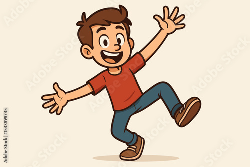 Happy cartoon boy jumping for joy. Cheerful kid character with a big smile and energetic pose. Vector illustration of a child celebrating, dancing. Mascot design isolated.