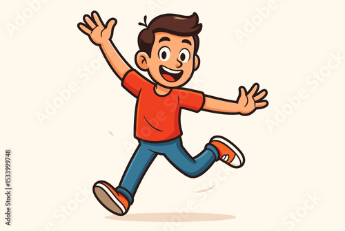 Happy cartoon boy running and jumping with joy. Cheerful kid character in a dynamic pose. Excited child waving hello. Vector illustration for children's projects or mascot design.