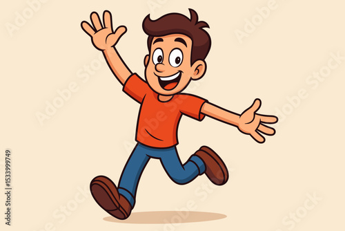 Happy cartoon boy character running and waving. Cheerful kid with a big smile in dynamic pose. Joyful child illustration for mascot or advertising. Welcome greeting concept vector.