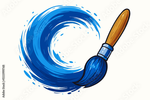 Paintbrush making a blue circular brushstroke. Creative symbol for art, painting, and design. Dynamic swirl of ink or paint with splashes. Artist tool vector illustration.