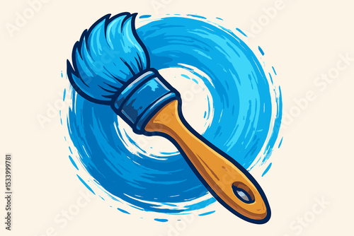 Paintbrush icon with blue paint making a circular brush stroke. Concept of art, creativity, painting, and drawing. Artist tool for craft, hobby, or DIY home renovation and decoration.