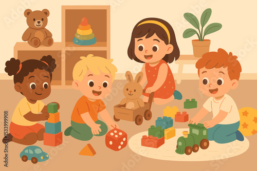 Diverse group of children playing with toys in a nursery. Kindergarten friends enjoying playtime together. Early childhood education and development concept. Cartoon illustration.