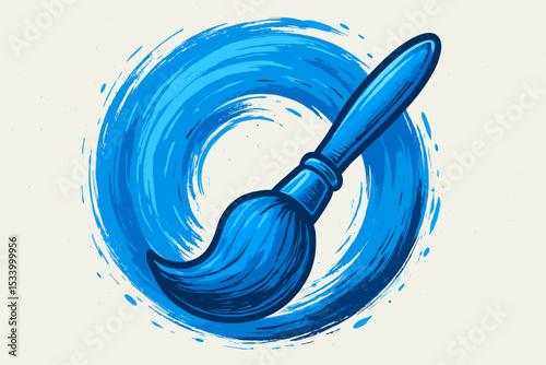 Blue paintbrush drawing a zen enso circle. Artistic concept of creativity, painting and craft. Abstract vector illustration of a circular paint stroke, swirl, splash and texture.