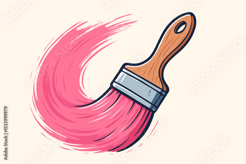 Paint brush with pink paint stroke swoosh. Creative concept of art, drawing, and renovation. Vector illustration of a painter's tool. DIY home improvement and decoration symbol.