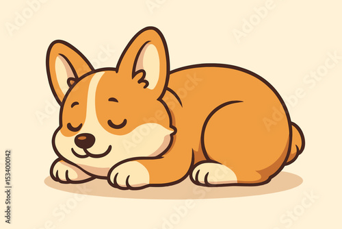 Cute Corgi puppy sleeping peacefully. Adorable cartoon character of a happy Welsh Corgi dog napping. Kawaii vector illustration for pet shop logo, mascot design or print.