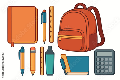 School supplies vector illustration set. Back to school concept with flat design icons. Collection of stationery items like backpack, book, notebook, pen, pencil, ruler, and calculator.