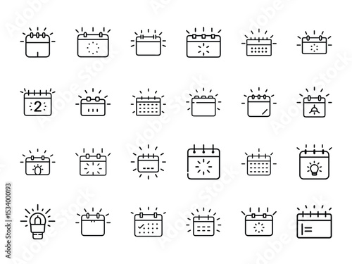 Set of Glowing Calendar and Reminder Icon Illustrations – Minimalist Outline Style Event Planner Icons on White Background for UI, App, and Web Design