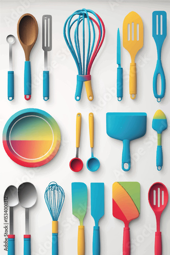 Colorful Cooking Utensils on White Background