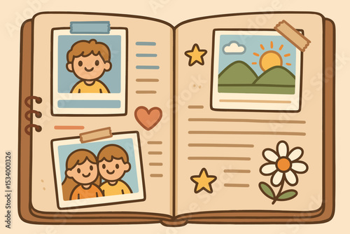 Memory album with photo pictures. Cute scrapbook or diary with nostalgic photographs of family, a couple in love, and vacation. Hand drawn illustration for the concept of keeping memories.