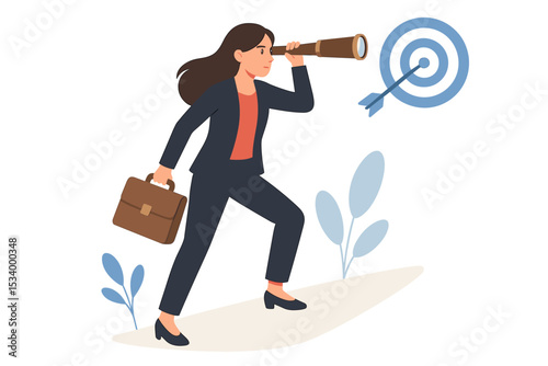 Businesswoman looking through telescope at target. Business vision concept. Goal setting and achievement. Career growth and ambition. Strategy, planning, mission. Future success.