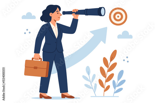 Businesswoman with telescope looking at target. Business vision, strategy, and goal setting concept. Career development, leadership, and future opportunity search vector illustration.