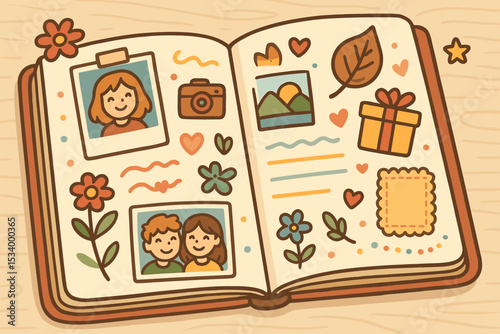 Memory album scrapbook with photos of a couple and portraits. Concept of nostalgia, love, and relationships. Keepsake diary with cute hand-drawn doodles, flowers, and hearts. Vector illustration.