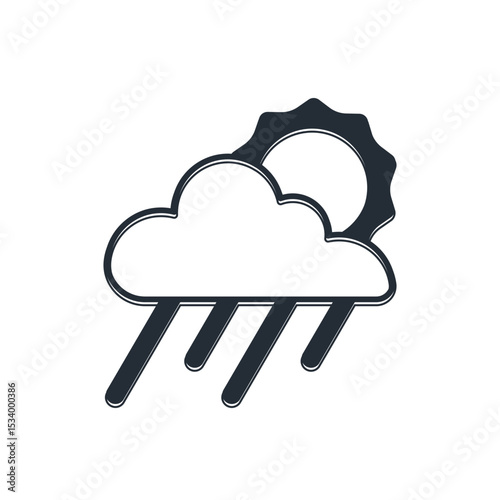 Black Cloud with rain and sun icon isolated on white background. Rain cloud precipitation with rain drops. Vector