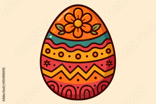 Decorative Easter egg illustration with colorful folk art patterns. Ornate spring holiday symbol with flower, chevron, and wavy lines. Traditional vintage style vector graphic.