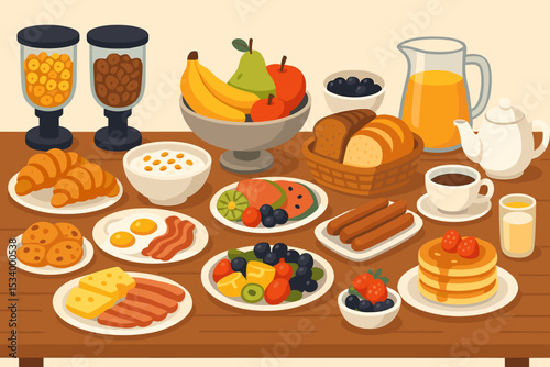 Breakfast buffet spread illustration with various food and drinks. Vector art of a morning meal with pancakes, eggs, fruits, coffee and juice. Hotel brunch concept flat design.