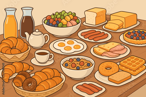 Breakfast buffet spread illustration. Hotel brunch table with various food. Eggs, bacon, sausages, croissants, waffles, juice, and coffee. Morning meal cartoon vector graphic.