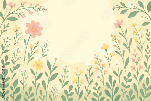 Spring floral background with cute pastel flowers. Vector illustration for greeting card, invitation or banner. Hand drawn botanical frame with copy space. Simple summer garden design.