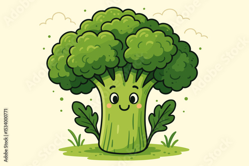 Cute broccoli character cartoon mascot. Happy smiling green vegetable for healthy eating and vegan food concepts. Funny kawaii food illustration for kids. Vector art graphic design.