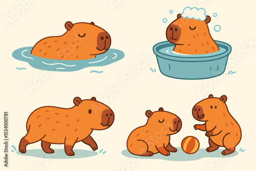 Cute capybara character set. Adorable cartoon animal collection with funny capybaras swimming in water, taking a bubble bath, walking, and playing with a ball. Kawaii vector illustration pack.
