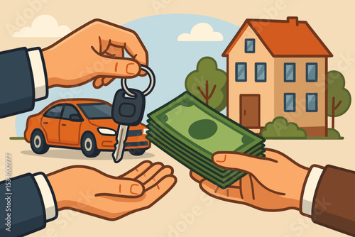 Buying a house and car concept. Hands exchanging money for keys. Real estate transaction, property investment, vehicle purchase, financial deal, mortgage, loan, asset acquisition.