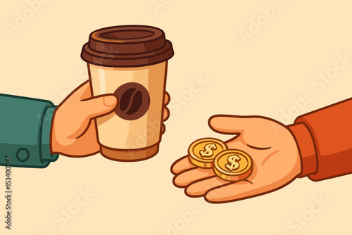 Customer hand buying takeaway coffee cup with cash money. Payment with coins for a hot drink. Barista selling coffee in a cafe. Business transaction, commerce, retail and purchase.
