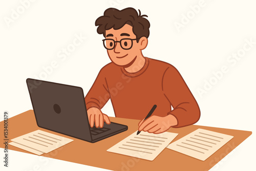 Man working on laptop and writing notes on paper. Student studying online or freelancer at home office. Concept of copywriting, journalism, creative writing, distance education.