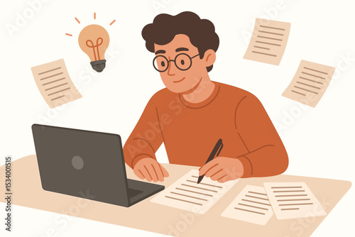 Creative writer at workspace with laptop, writing on paper. Young man with idea lightbulb, concept of inspiration, copywriting, journalism, author or student working on project.